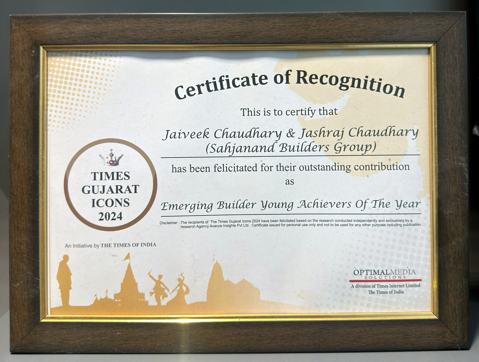 Times Gujarat Icons 2024 Certificate of Recognition for Sahjanand Builders Group